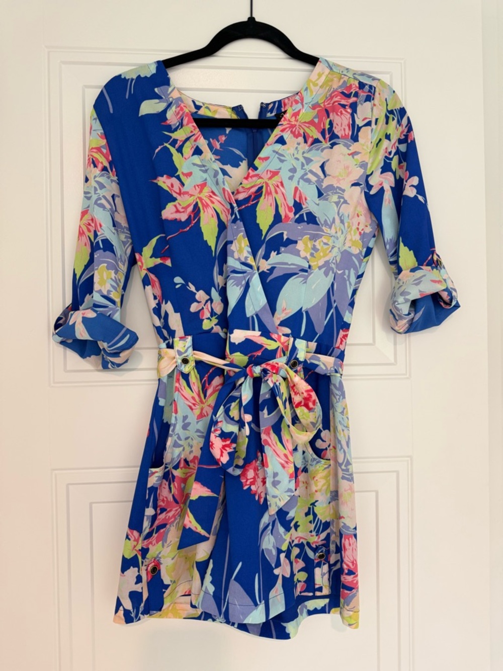 Blue Floral Romper with Tie Waist